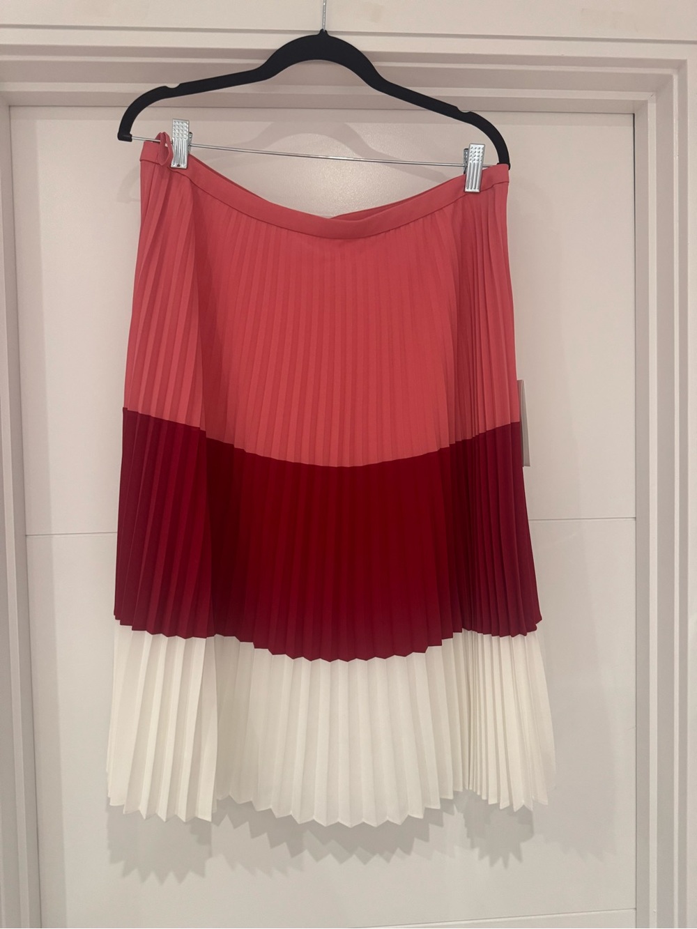 Boss Colorblock Pleated A-Line Skirt in Coral, Deep Red & White